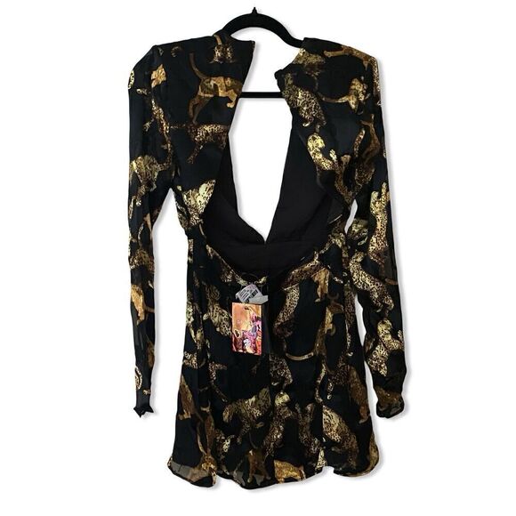DUNDAS X Revolve dress Gloria Cats Print Gold Black Mini Short Sz XS NWT $348 - Picture 15 of 15